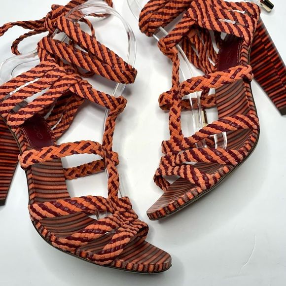 Jimmy Choo Trix 100mm Woven Multi-Wrap Sandal High Heel Pumps Coral EU 37 US 7 - Picture 9 of 11